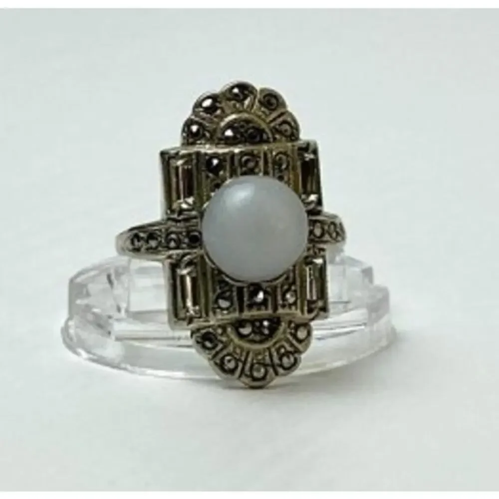 Vintage 925 Sterling Silver Agate, Goshenite & Marcasites Ring Size 5.5